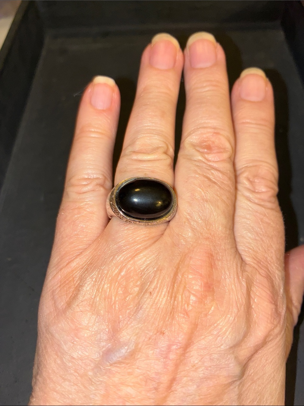 Silver Black Onyx Cabochon Statement Stretch Ring